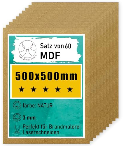 woodmanucom MDF Platten | 500 x 500 x 3 mm | Bastelplatte Dünne Holz-Platten | Perfekt für Laser, CNC Router, Laubsäge, Modellierung (60 Stück natürlich)