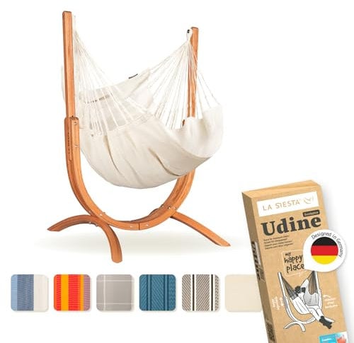 LA SIESTA® - Udine Bio-Baumwoll-Hängesessel mit Holzgestell - Handgefertigter, Reißfester, Weicher Indoor Hängesessel mit Gestell, FSC-zertifizierter Eukalyptus-Ständer für Balkon Garten - Latte