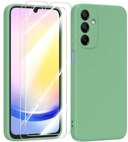 MIKULLE Cover in Silicone per Samsung Galaxy A25 5G con 2 Pellicola Vetro Temperato, Custodia Morbido Silicone Ultra Sottile Liquida TPU Antiurto AntiGraffio Case - Verde