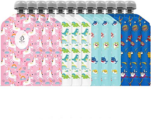 BUZIO Baby Reusable Food Pouches, 12 Packs Toddlers Food Storage Pouch, Double Zipper Squeeze Pouches Freezer Safe for Kids Homemade Organic Puree, 148ml