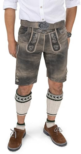 Schöneberger Trachten Couture Herren Lederhose kurz mit Trachtengürtel, Trachtenlederhose braun für Oktoberfest, Trachtenhose Starnberg (48)