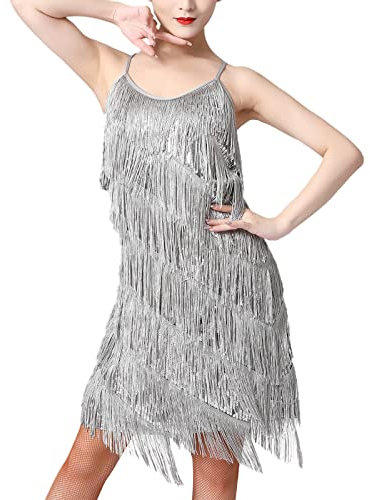 IBTOM CASTLE 1920 Pailletten Abendkleider Damen Tanzkleid Fransen Tanzkleid Kleid Quaste Tanzkleid Glitzer Party Kleid V-Ausschnitt Flapper Kostüm Cocktail Grau XL