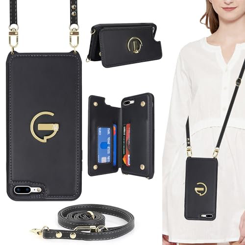 ELTEKER iPhone 7 Plus/8 Plus Case with Card Holder and Strap, Flip Cover with Crossbody Lanyard Strap - Black