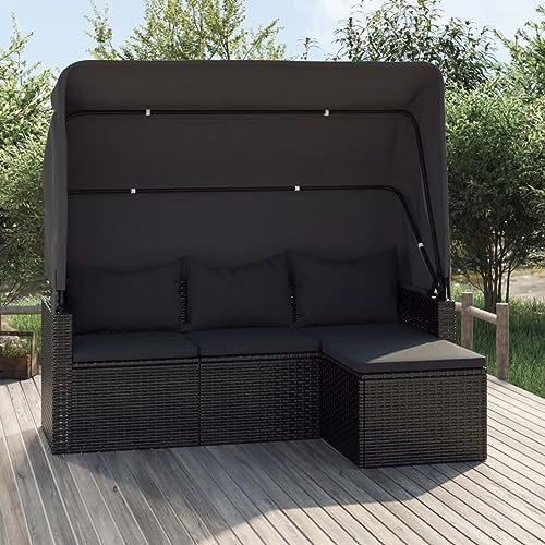 Rantry Gartensofa mit Faltbares Sonnendach und Fußhocker Gartensofa Lounge 3-Sitzer Gartenbank Sonnenliege Couch Gartenliege Möbel Schwarz Poly Rattan