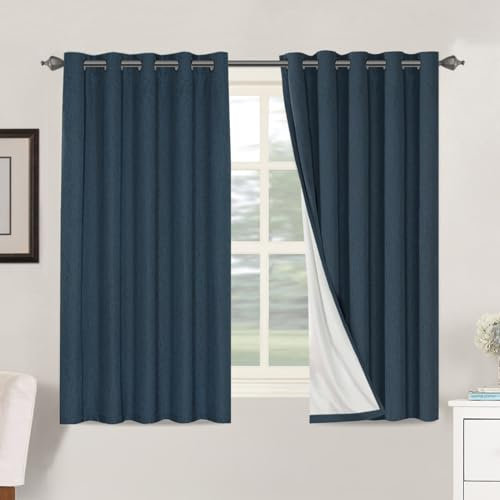 BellaHills 100% Blackout Curtains for Bedroom Eyelet Linen Curtains for Living Room with White Coating Back Grommet Thermal Insulated Curtain 2 Panels, 66 x 54 Inch, Navy
