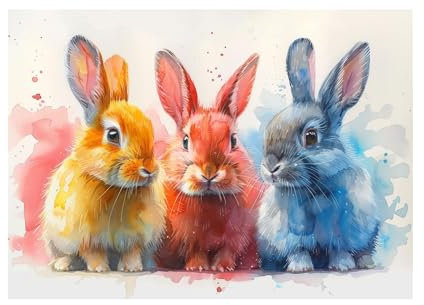 WQBQKKX Kaninchen Bilder Leinwand Ostern Tiere bunt Groß Leinwand Bilder,Gelb, Rot Wandbilder Xxl Kunstdruck Deko FüR Wohnzimmer Schlafzimmer-30x45cm Ungerahmt