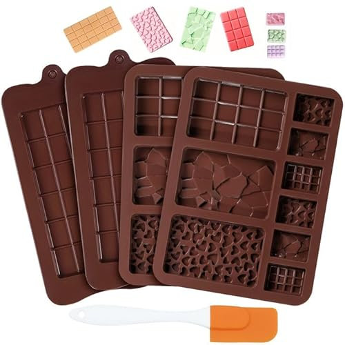4 Stück Silikonform Schokolade, Schokoladenform Silikon mit Silikonspatel Schokolade Selber Machen BPA-frei Antihaftbeschichtet für DIY Schokolade Praline Süßigkeiten