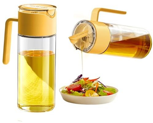 R&M essentials Aceitera Cristal, Aceitera Antigoteo 550ml, Diseño con Asa y Boquilla de Silicona, Dispensador de Aceite, Botella Cristal, Fácil Limpieza, Aceitera y Vinagrera Amarilla