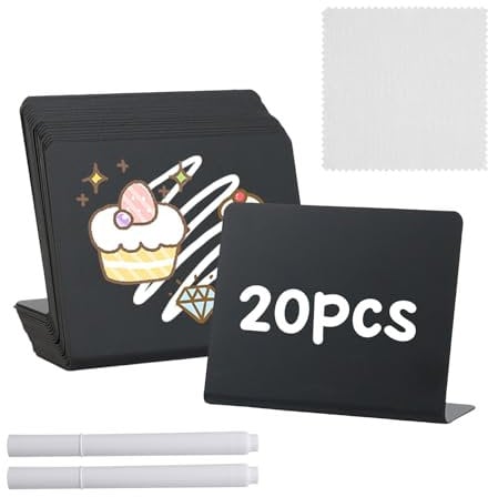 LHOEST Kreidetafel Klein 20 Stück, Kleine Tafeln zum Beschriften für Preisschilder, L-Form Kreidetafel Aufsteller mit Stifte Putztuch, Buffet Schilder für Gastronomie Buffet Hochzeit Party Café