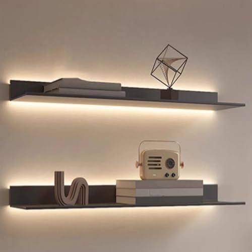 HJDSUDU Wandregale Schwebende Regale, Ausstellungsregal mit eingebautem beleuchtetem LED-Licht, 1 Stück an der Wand montierte lichtemittierende Metallregale, für Wohnzimmer,Grau,60cm/24in