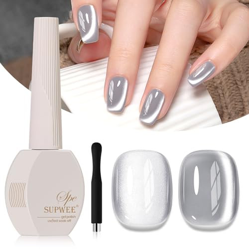 SUPWEE Cat Eye UV Gel Nagellack - Silber Mondlicht Cat Eye Nagellack mit Magnet 15ml 9D holografischer Katzenaugen Gel Nail Polish Soak Off Glitzer Art Manicure Salon Home