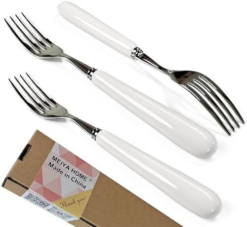 MEIYAHOME 3 Stück Weiß Keramischer Griff Hohe Qualität Hauptgabel,18-10 Edelstahl Menuegabel,SUS304 Steak Gabel, Abendessen Gabel, 8-Zoll 20.5cm,Ideal Für Zuhause, Restauroom, Hotel(3)