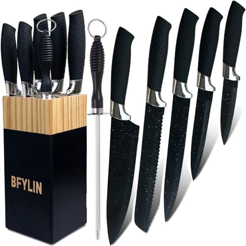 Messer set, 7 Teiliges Küchenmesser set mit Holzblock, Messer block set mit Antihaftbeschichtung,Kochmesser Brotmesser Schälmesser Anspitzer (7pcs-Set Holzblock)
