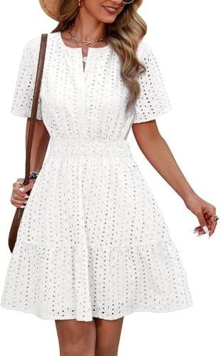 Svanco Robe Femme Été en Coton, Col en V, Manches Courtes, Longueur du Genou, Robes Chic et Elegant Amincissantes à Taille Haute