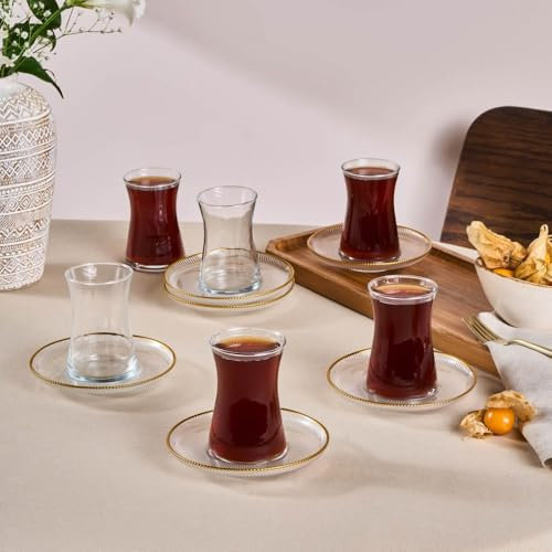 Karaca Juliet 12-Piece Turkish Tea Set for 6 People, 170ml, Glass, Turkish Tea Set, Gold Tea Set, Luxury Tea Glasses, Elegant Tea Set, Gold