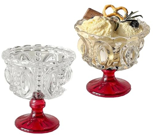 SIPEIEN Vintage Glas Dessert Kelch Schalen Satz von 2 geprägte Trinkglas, 250ml Kristall Eiscreme Dessert Tassen, 4.7 „x3.9“ / 12cmx10cm für Zuhause Café Party,Rot
