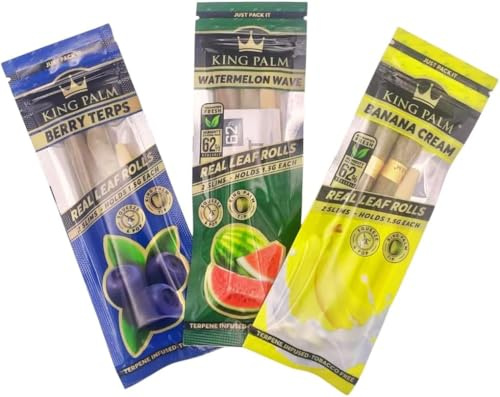 King Palm Flavoured Pre Rolled Cones - 3pc Multipack (Slims) 1.5g - (Banana Cream, Blueberry Terp, Watermelon Wave) - 6 Pack with 3 Bamboo Packing Sticks