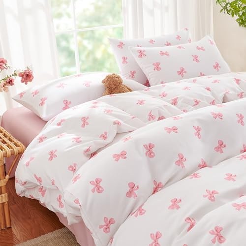 Freyamy Weißer Einzelbettbezug-Set - 2-teiliges ästhetisches rosa Schleifen-Bettwäsche-Set schick, schönes Mädchen-Bettwäsche-Set Einzelgröße 135x200 cm und 1 Kissenbezug 50x75 cm