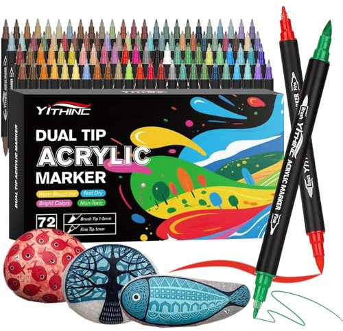 Acrylic Paint Pens, Dual Tip Acrylic Markers for Rock Painting Stone Ceramic Metal Glass Canvas Fabric Wood Pebble, Easter Decoration & Crafts, Pumpkin Painting Kit, Art Crafts for Adults(72 Colors)