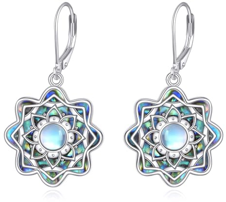 CUPENDA Mondstein-Lotus-Ohrringe 925 Sterlingsilber Mandala-Lotusblüten-Ohrringe Ohrhänger Yoga-Schmuck für Frauen