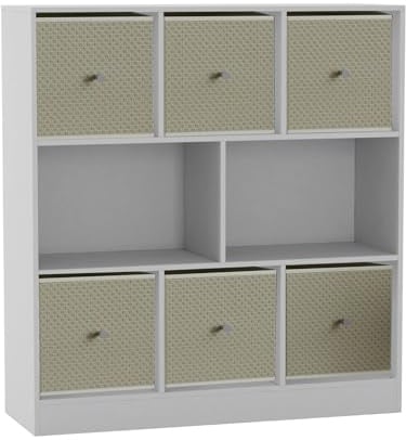 URBNLIVING 8 Cube Asymmetrical Bookcase with 6 Fabric Storage Drawers, Modern Freestanding Shelving Unit for Books, Toys & Decor, Engineered Wood Organizer Cabinet for Home & Office