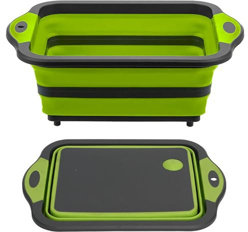 Collapsible Washing Up Bowl with Integrated Chopping Board – Multi-Functional Foldable Basin for Kitchen & Camping – Portable Dish Tub with Plug for Washing, Cutting & Draining (Green)