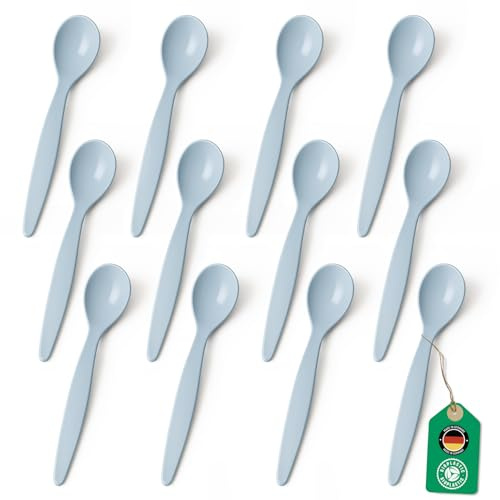 Bio Löffel 12er Set – 14 cm Mehrweglöffel BPA-frei, spülmaschinengeeignet & recycelbar – aus Zuckerrohr, leicht & schadstofffrei – ideal für Kinder, Picknick & Alltag – Made in Germany - Hellblau