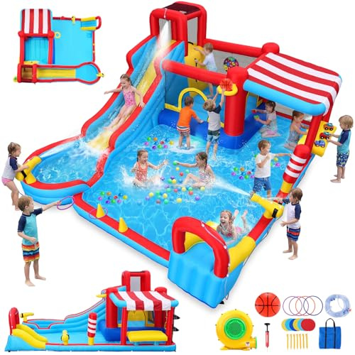 AKEYDIY Château gonflable avec toboggan à eau, deux pistolets à eau, long toboggan, piscine et panier de basket-ball – Un must pour toute fête d'été et un excellent cadeau pour les enfants âgés de 5 à