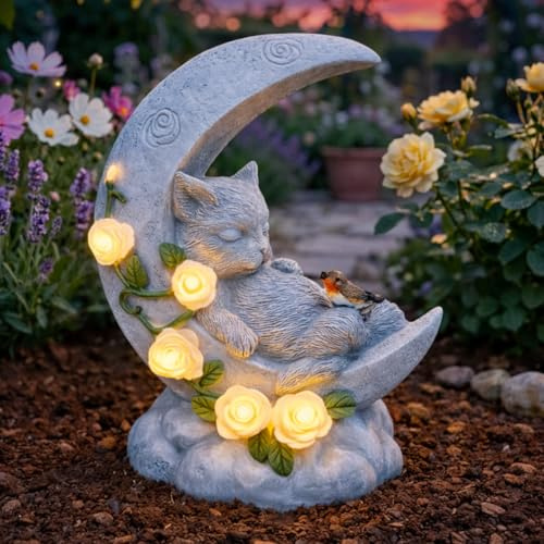 Festive Lights 19cm Gedenkstein mit solarbetriebener LED Beleuchtung Halbmond mit Katze Grabdekoration Wetterfest Grabstein Katze Grablicht Solar Gedenkstein Erinnerung (Katze mit Mond)