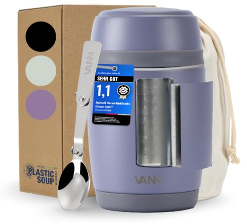 VANN Thermobecher für Essen 450 ml – Thermobehälter [16h kalt, 9h warm] | Thermo Lunchbox aus recyceltem Edelstahl - für Suppe, Müsli & Porridge To Go [BPA-frei & Auslaufsicher] - Food Pot Grau Lila