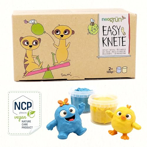 neogrün Bio-Knete Suri für Kinder, ab 1 Jahr, 2 x 120g (Blau/Gelb) | Ungiftige Kinderknete und Modelliermasse, extra weich, lufttrocknend, vegan, mit Pflanzenfarben, NCP-zertifiziert