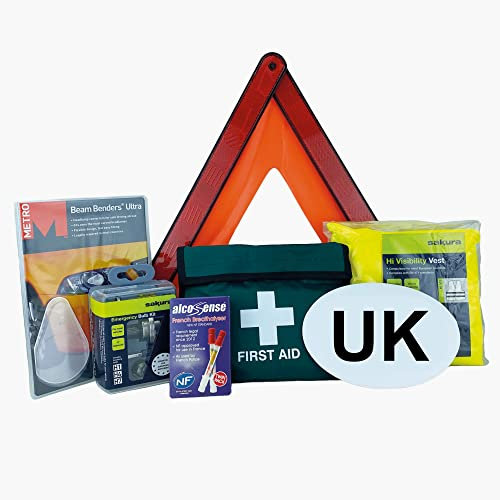 Sakura EU Travel and First Aid Kit - Warning Triangle, Beam Converters, Breathalyser, Bulb Kit, Hi-Vis Vest, Magnetic GB Sticker Perfect for Car, Home, Work