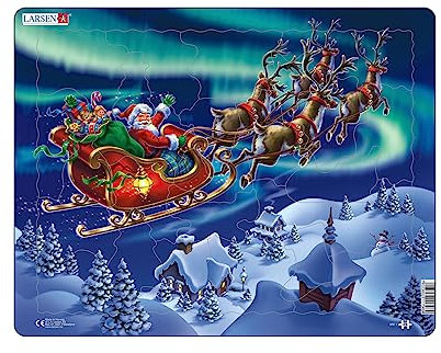 Larsen XM1 Santa Claus and His Sleigh in Northern Lights I 26 Piece Boxless Tray & Frame Christmas Themed Jigsaw Puzzle I Puzzle for Ages 6 and Up I Made in Norway