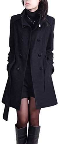 YOUJIA Damen Stehkragen Trenchcoat mit Gürtel Wollmantel Länge Zweireihige Winterjacken Parka (Schwarz, CN L)