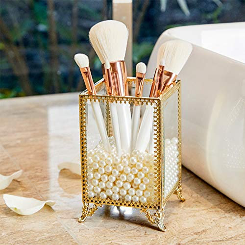 PuTwo Make-up Pinselhalter aus Glas und Messing, Vintage-Stil, handgefertigt, mit weißen Perlen, für Kommode, Schminktisch, Arbeitsplatte, Make-up Organizer - Gold