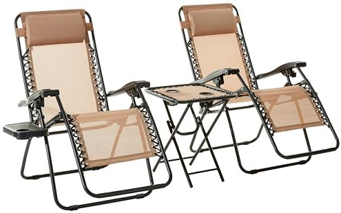 Amazon Basics Lot de 2 fauteuils relax pliants avec table d’appoint Beige