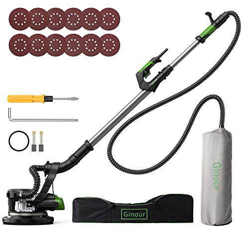 Trockenbauschleifer mit Absaugung, Ginour 750W Wandschleifer mit Selbstreinigungsfunktion, Deckenschleifer 7 Einstellbare Geschwendigkeiten, LED-Licht, 225 mm, 12er Schleifpapier, 4m Schlauch