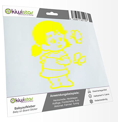 Kiwistar - Babyaufkleber - Neongelb - Mädchen Schmetterling Sticker - ohne Wunschtext 24cm - für Auto, Motorrad, Tuning - Baby an Bord Aufkleber selbstklebend - wetterfest - UV-beständig