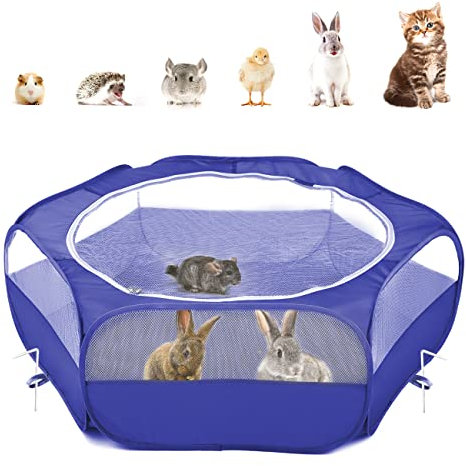 Pawaboo Kleintiere Freigehege, Wasserdicht Faltbar Kaninchen Freilaufgehege für Hasen Hühner Kätzchen Welpen Kaninchen Hamster, Visuell Laufstall mit Netz Reißverschluss und Nylonboden - Indigo