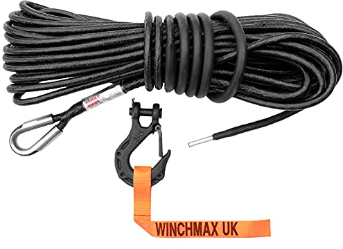 WINCHMAX Armourline Double Braided Synthetic Rope 25m x 10mm | Minimum Break Load 21,000lb / 9,500kg, 3/8 inch Tactical Clevis Hook with Safety Catch, Hand Saver, Hole fixing