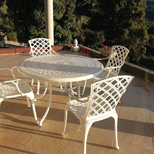 Lazy Susan 120 cm Alice Gartentisch in Weiß mit 4 Emma Stühlen mit beigen Sitzkissen | Nachhaltiges Sandguss-Aluminium | Wetterfest | Rostfrei | Wartungsarm | 3 Jahre Garantie