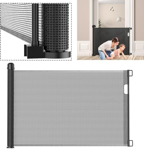 YUENFONG Treppenschutzgitter Türschutzgitter, 87 x 150 cm Treppenschutzrollo Türgitter Absperrgitter Ausziehbar Einziehbares Tür für Baby und Haustiere (0-150 cm, Schwarz)