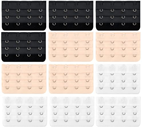 12 Piezas Extensor Sujetador 4 Ganchos Alargador Sujetador 4 Corchetes Extensores de Sujetador Espalda para Mujer Dama Niña Negro Beige Blanco 3 Colores