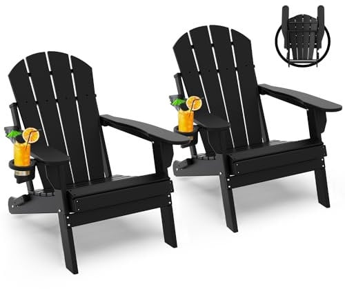 Adirondack Klappstühle 2er Set, HDPE Allwetter-Terrassenstuhl, Rasenstühle Kunststoff Outdoor-Stühle für Lagerfeuer, Feuerstelle, Garten, Pool, Hinterhof, Deck, Veranda, Strand, Schwarz