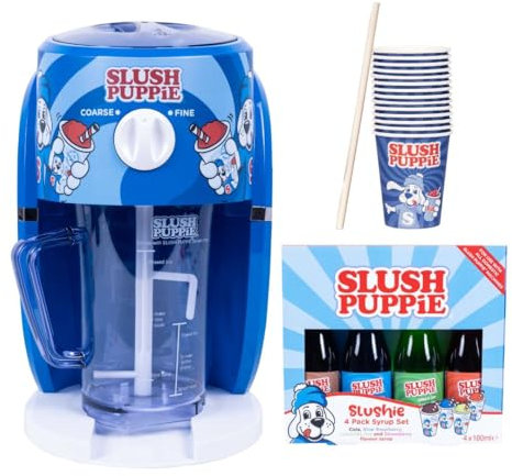 Official SLUSH PUPPiE Machine Bundle. Includes 4 x 180ml Syrups, Raspberry, Red Cherry, Cola, Lemon & Lime Flavours & 20 Slush Puppie Cups & Straws. Officially Licensed SLUSH PUPPiE Merchandise