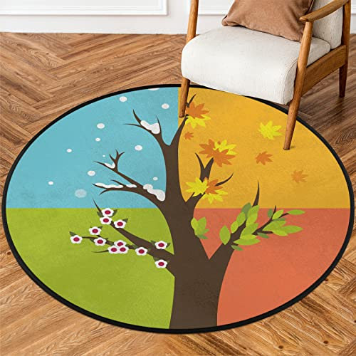 SEEKJOYS Four Seasons Baumkunst-Illustration, 91,4 cm, rund, maschinenwaschbar, farbige Bäume, rutschfest, weiche Bodenmatte für Wohnzimmer, Sofa, Kinderzimmer, Dekoration