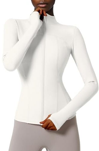 Locachy Damen Slim Fit Full Zip Athletic Running Sport Workout Jacke mit Taschen, Stil 02, Weiß, S