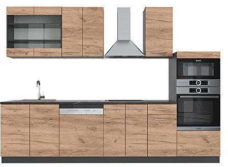 Vicco Küchenzeile Fame-Line, Goldkraft Eiche/Anthrazit, 300 cm mit Hochschrank, ohne Arbeitsplatte