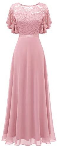Robe de Soirée Femme Élégante Col en V, Robe de Cocktail à Manches en Dentelle Mousseline Exquise pour Bal Cérémonie, Long Tempérament Couvrant Le Ventre Robe Demoiselle d'honneur Blush M