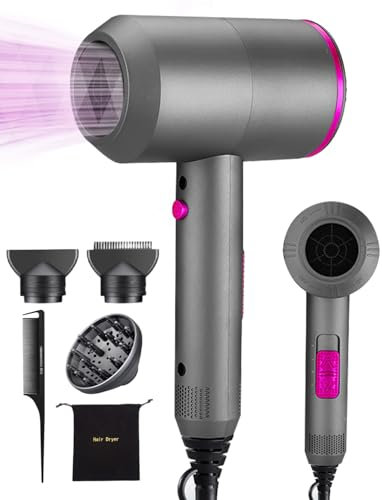 Tuare Professional Hair Dryer 2000W, Fast Drying Ionic Hairdryer with 2 Speed 3 Heat Setting and Cool Shot Button, Blow Dryer with 1 Diffuser & 2 Concentrator for Multi Women Man Hairstyles Gray